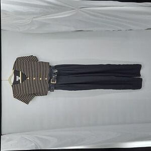 VTG 80s MENU Jumpsuit Black Gold Attached White Striped Cropped Jacket Size 10